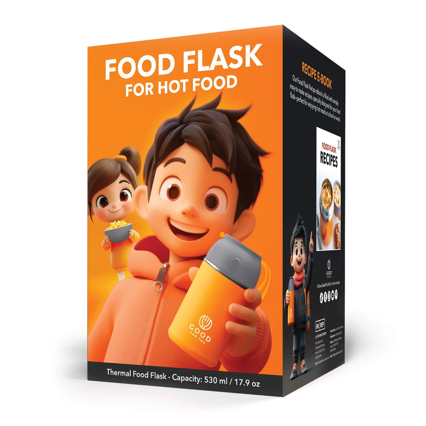 Orange Good thermal food flask for kids with capacity 530ml and free recipe e-book