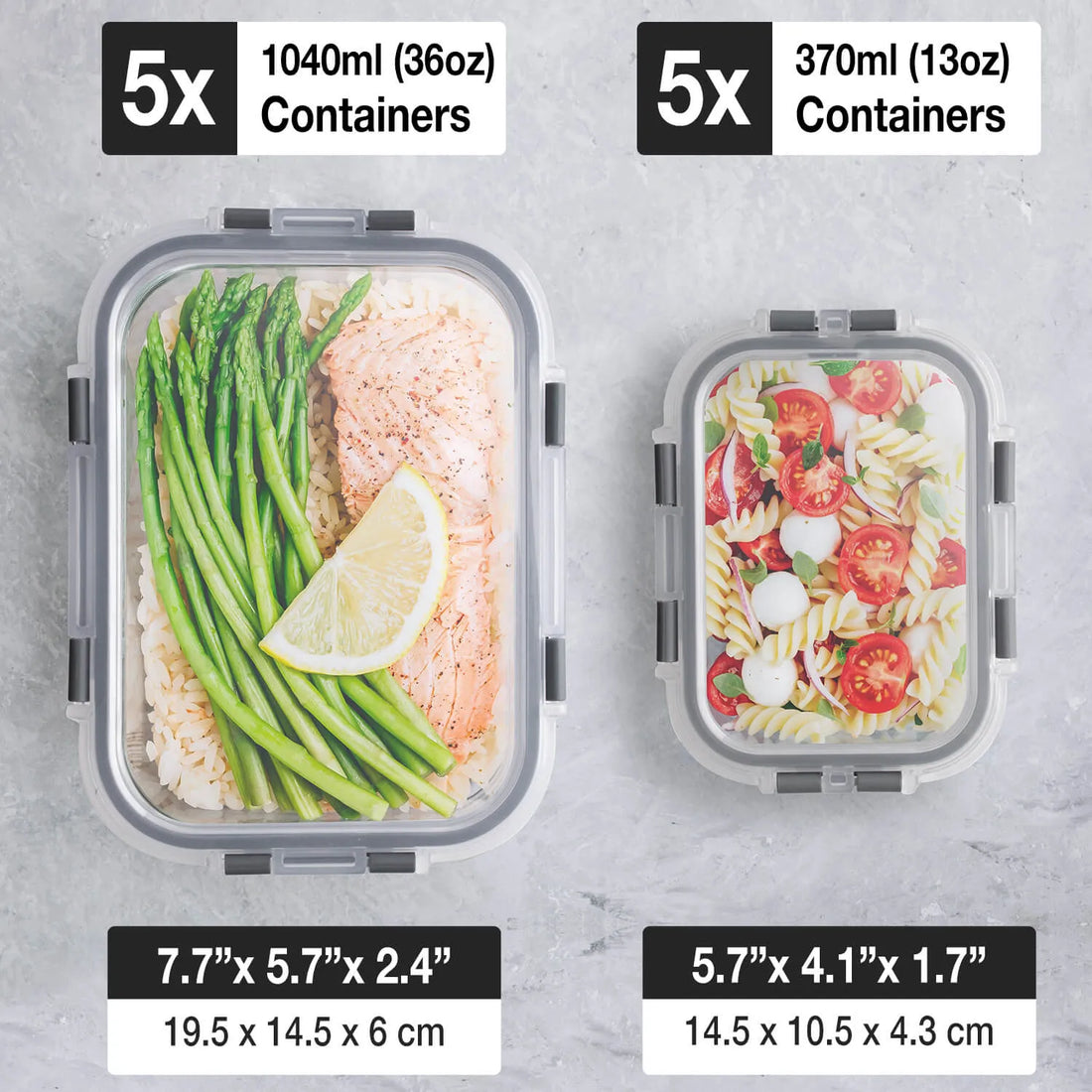 Set of 10 glass meal prep containers with lids filled with salmon, rice, asparagus and pasta salad, ready for packed lunches