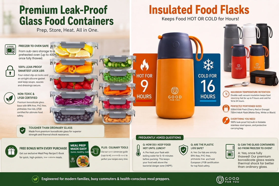 Infographic showing insulated food flask keeping meals hot for 9 hours and cold for 16 to 24 hours