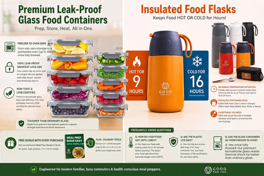 Infographic showing insulated food flask keeping meals hot for 9 hours and cold for 16 to 24 hours
